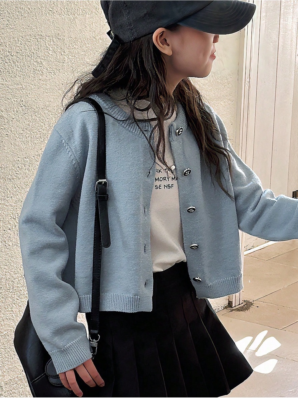 Light Blue Girls Button-Up Knit Cardigan Sweater